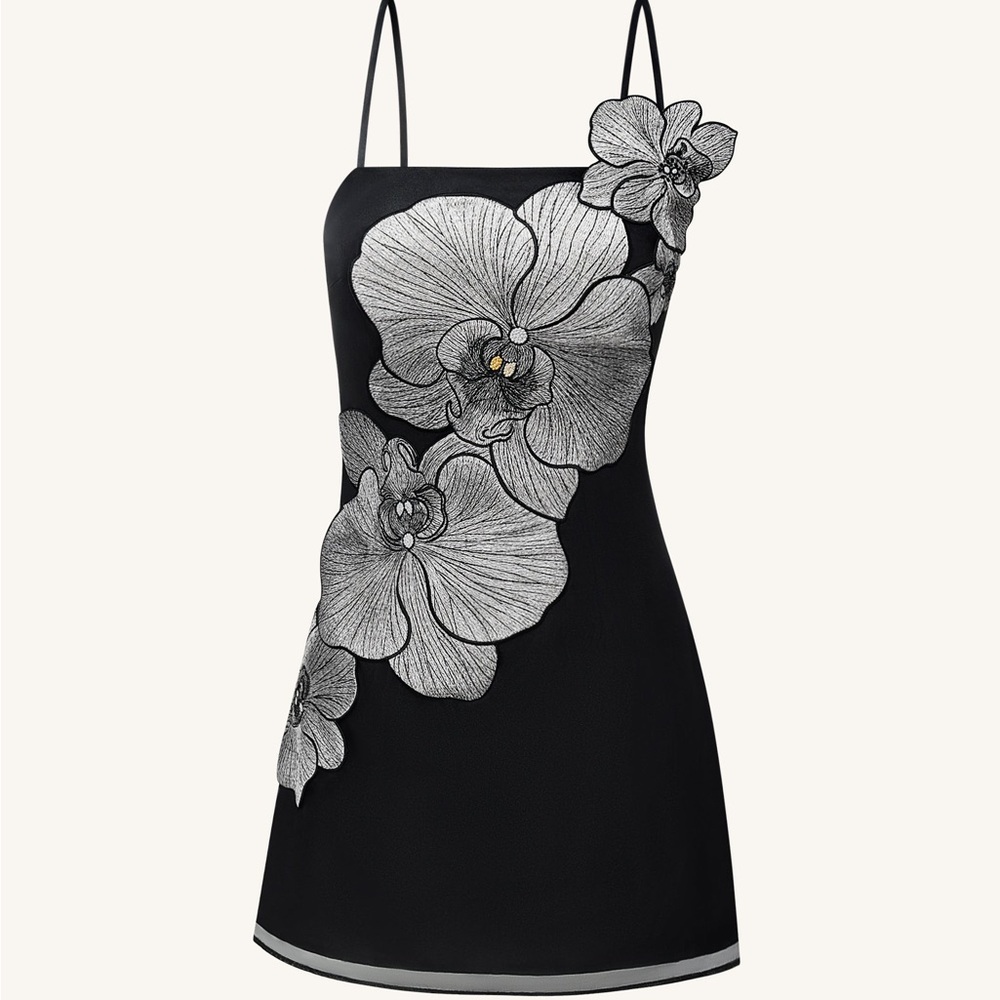 JW PEI NWT Orchid Appliqué Mini Dress - Black/Silver